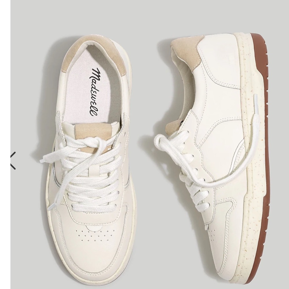 COPY - Madewell casual stylish white sneakers with brown accent.